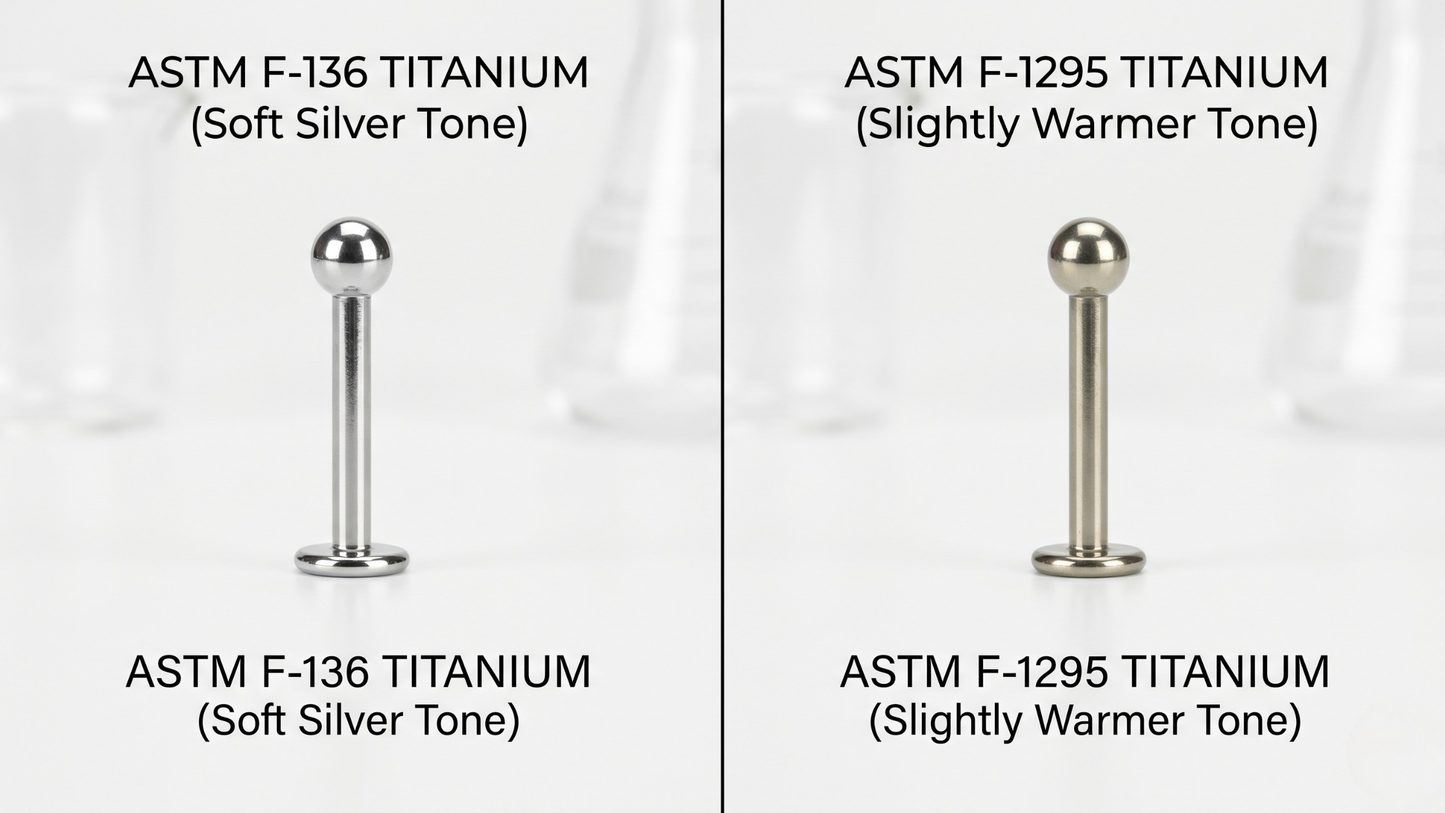 Split-screen scientific photography: on the left, a polished titanium F-136 labret bar with a soft silver tone; on the right, a slightly warmer-toned F-1295 labret bar of the same shape