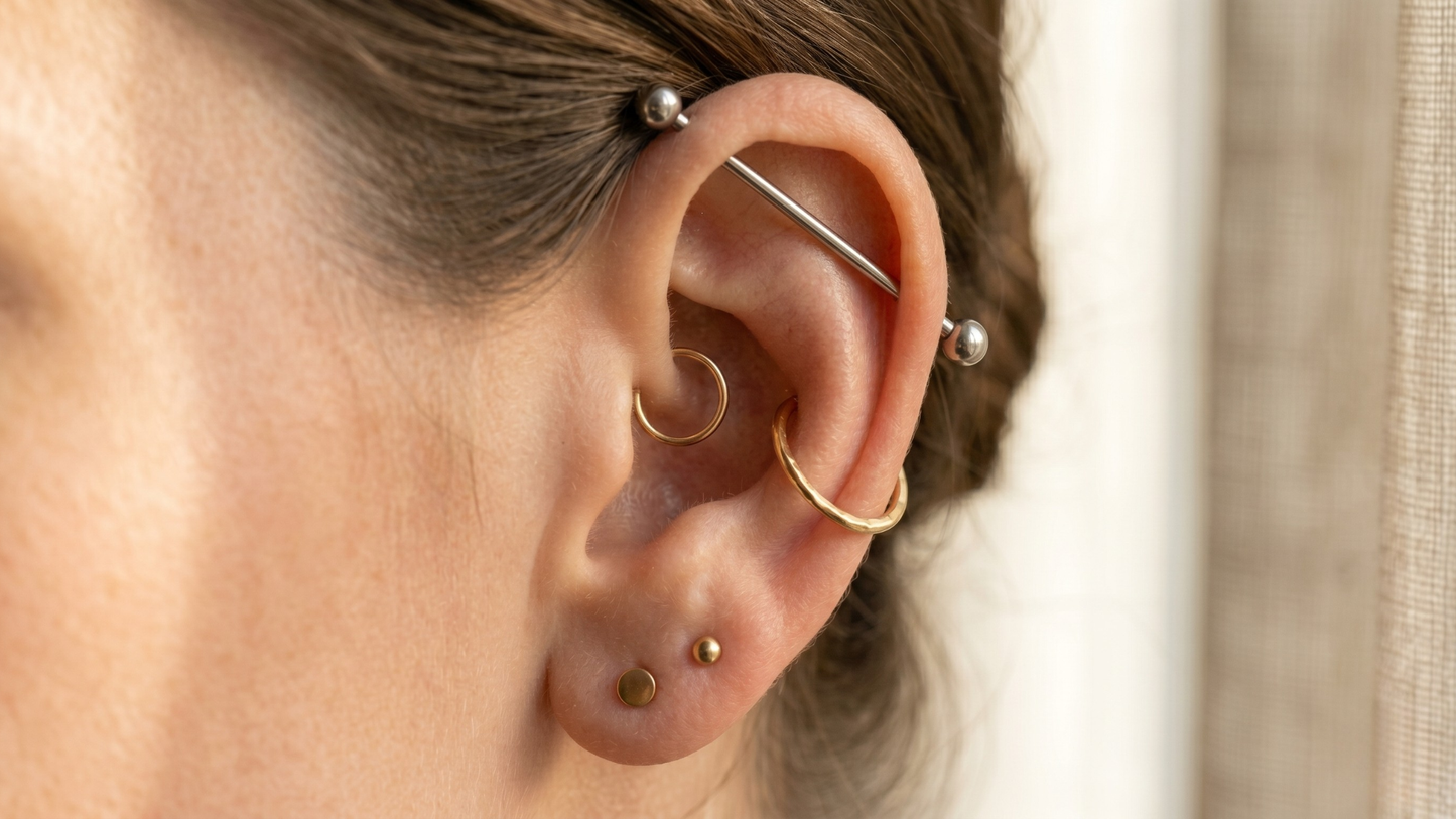 straight industrial barbell in silver titanium connecting two cartilage points 