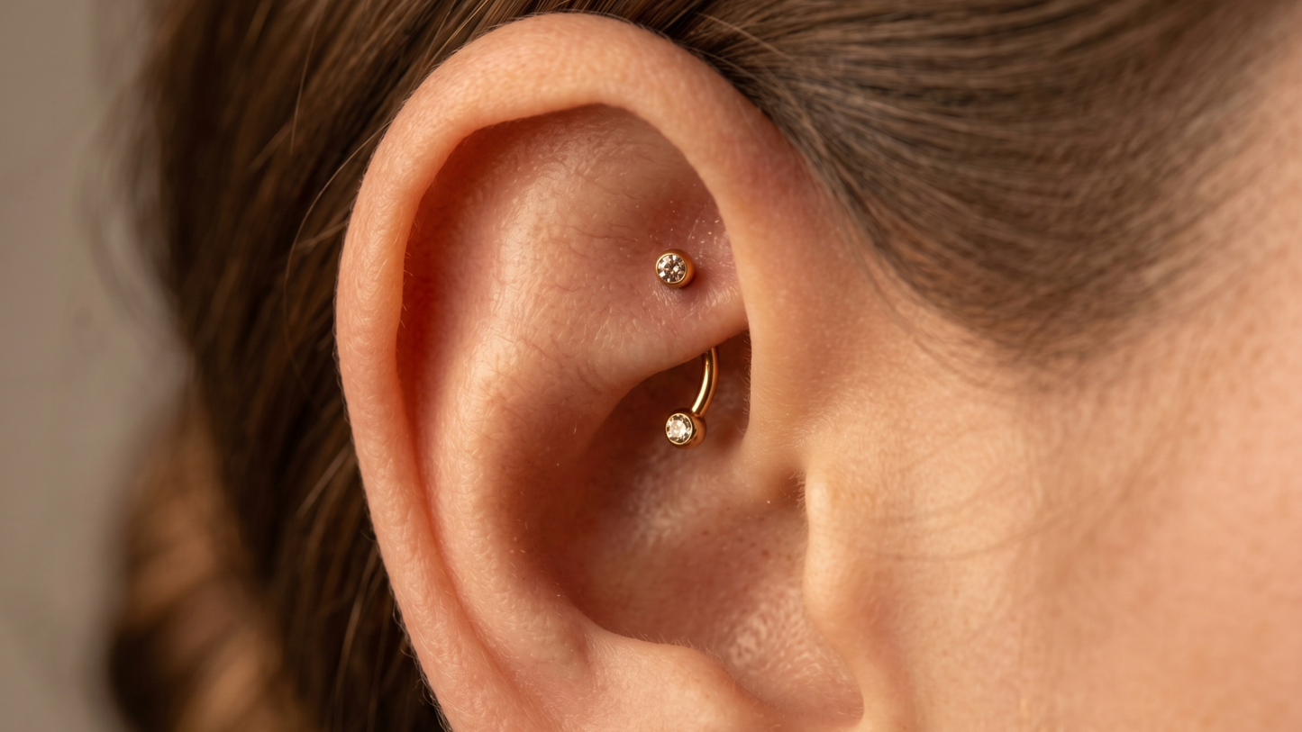 PVD curved barbell sitting visibly in the rook (anti-helix) fold