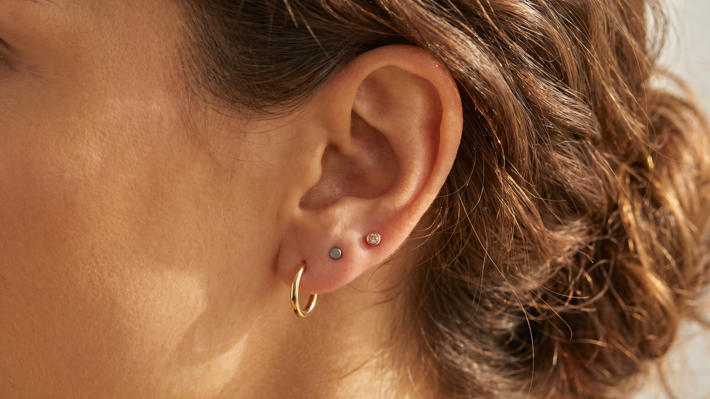 : a small gold PVD hoop on the first lobe