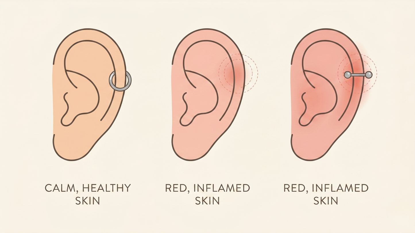 educational illustration,— left ear shows calm healthy skin with a small titanium hoop, right ear shows red inflamed skin 