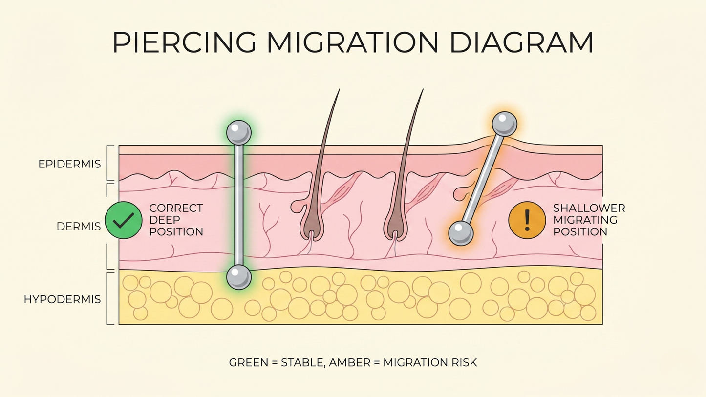 cross-section diagram of skin tissue showing a piercing barbell in two positions — correct deep position (green indicator) and shallower migrating position (amber indicator)