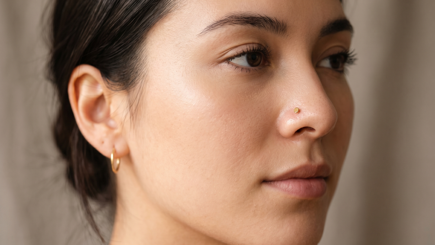 nose showing a small gold PVD titanium flat-back labret in the nostril