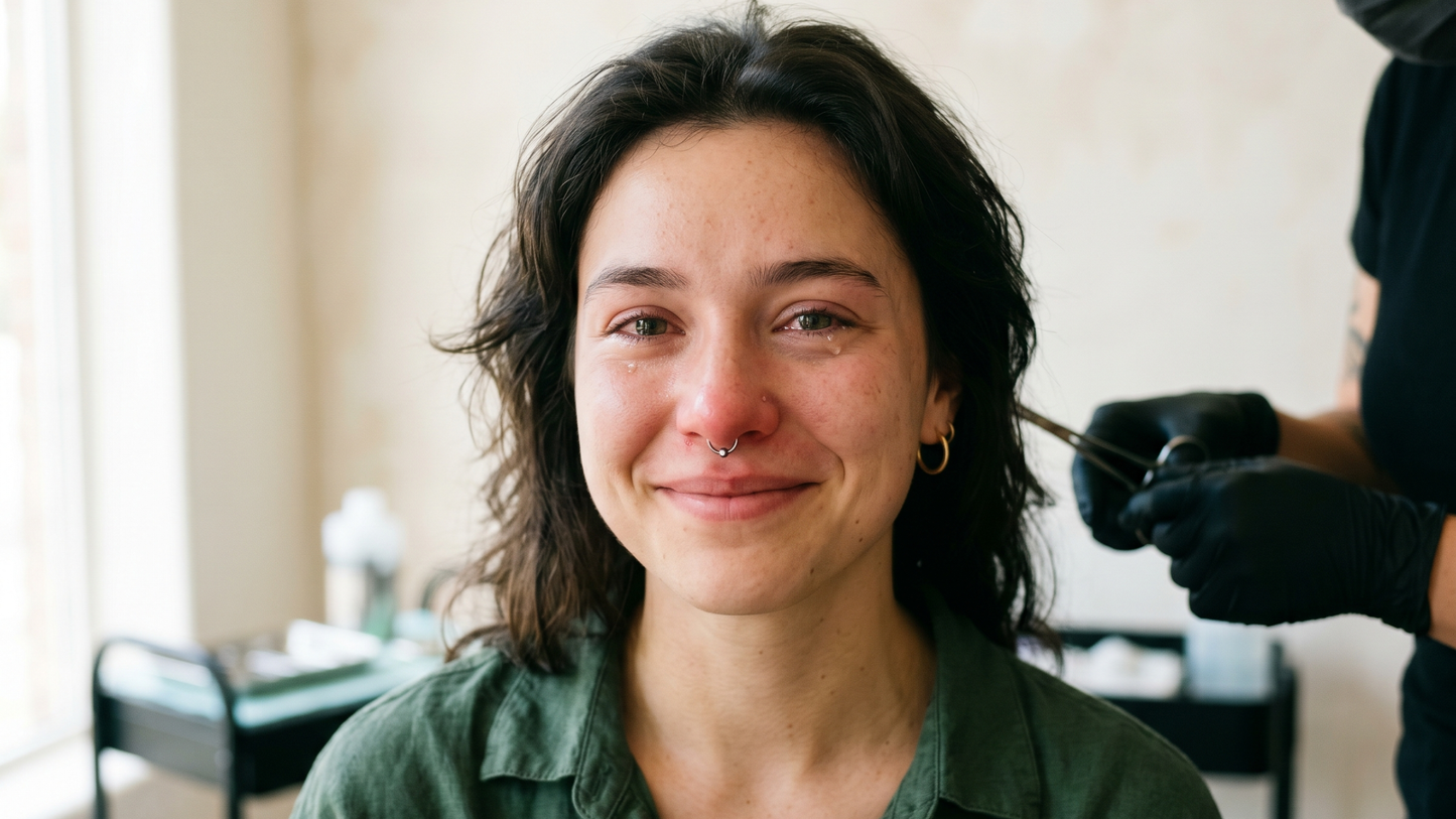 a person just after getting a septum piercing, looking relaxed and relieved — eyes slightly watery but smiling