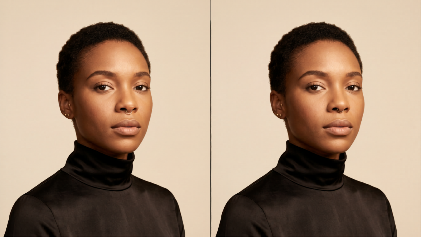 : left image shows a gold septum hoop visible below the nostrils; right image shows the same person with the septum flipped up inside the nostrils 