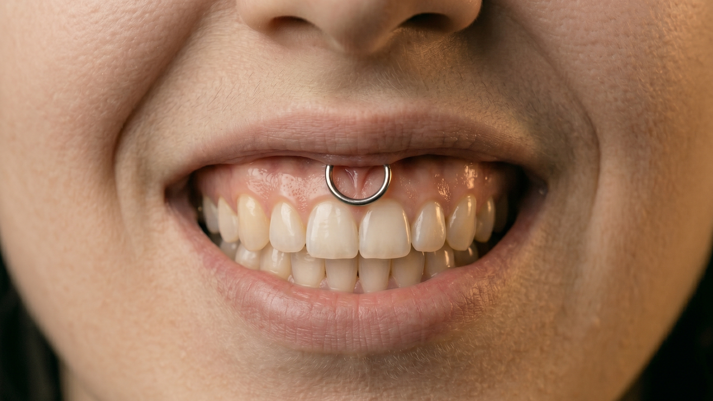 a small silver titanium circular barbell sits through the frenulum