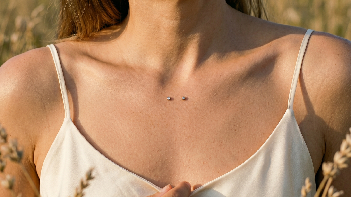 titanium surface bar piercing with two tiny gem ends visible on the skin surface