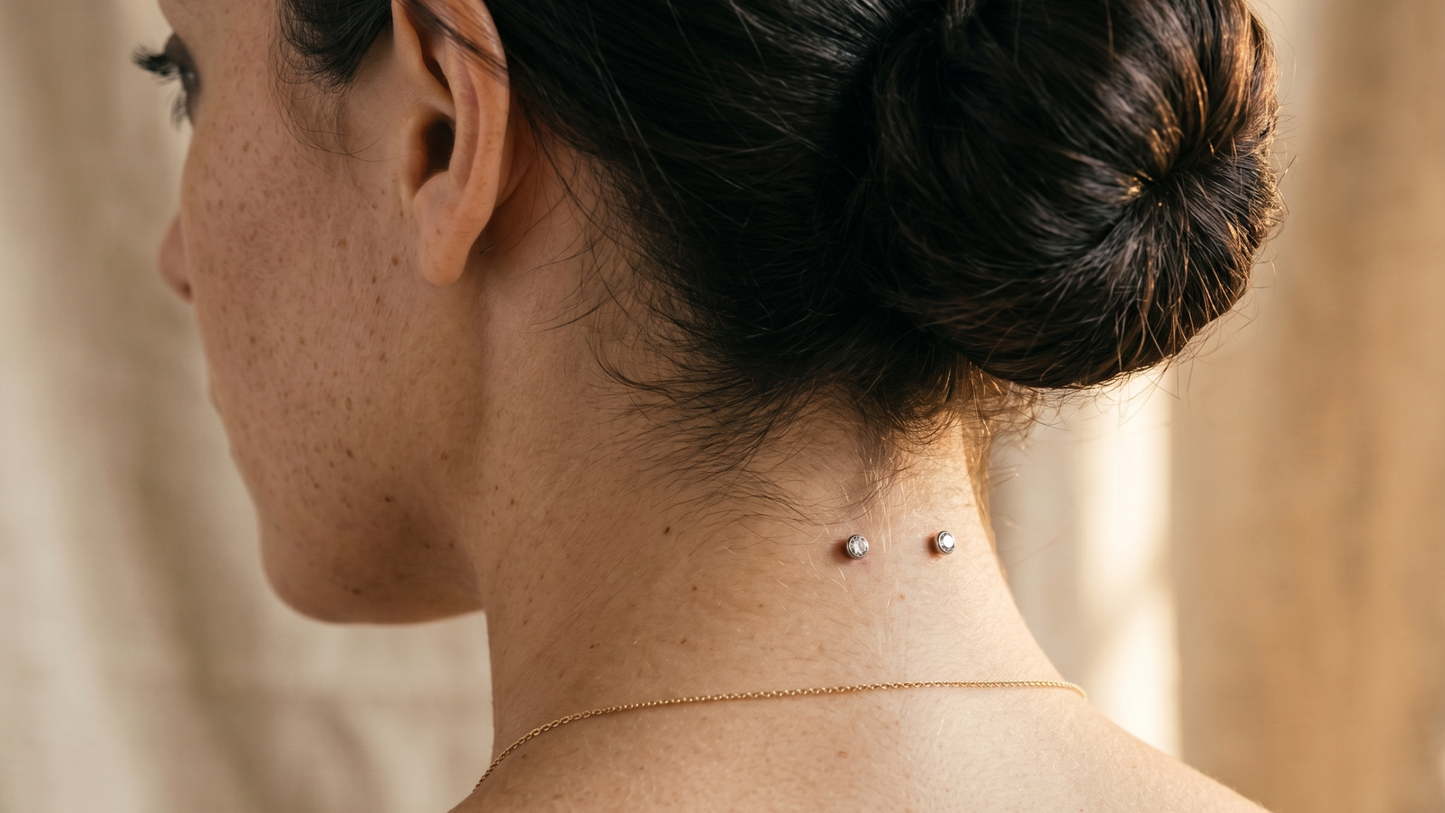 showing a titanium surface bar nape piercing with two small gem ends visible just below the hairline