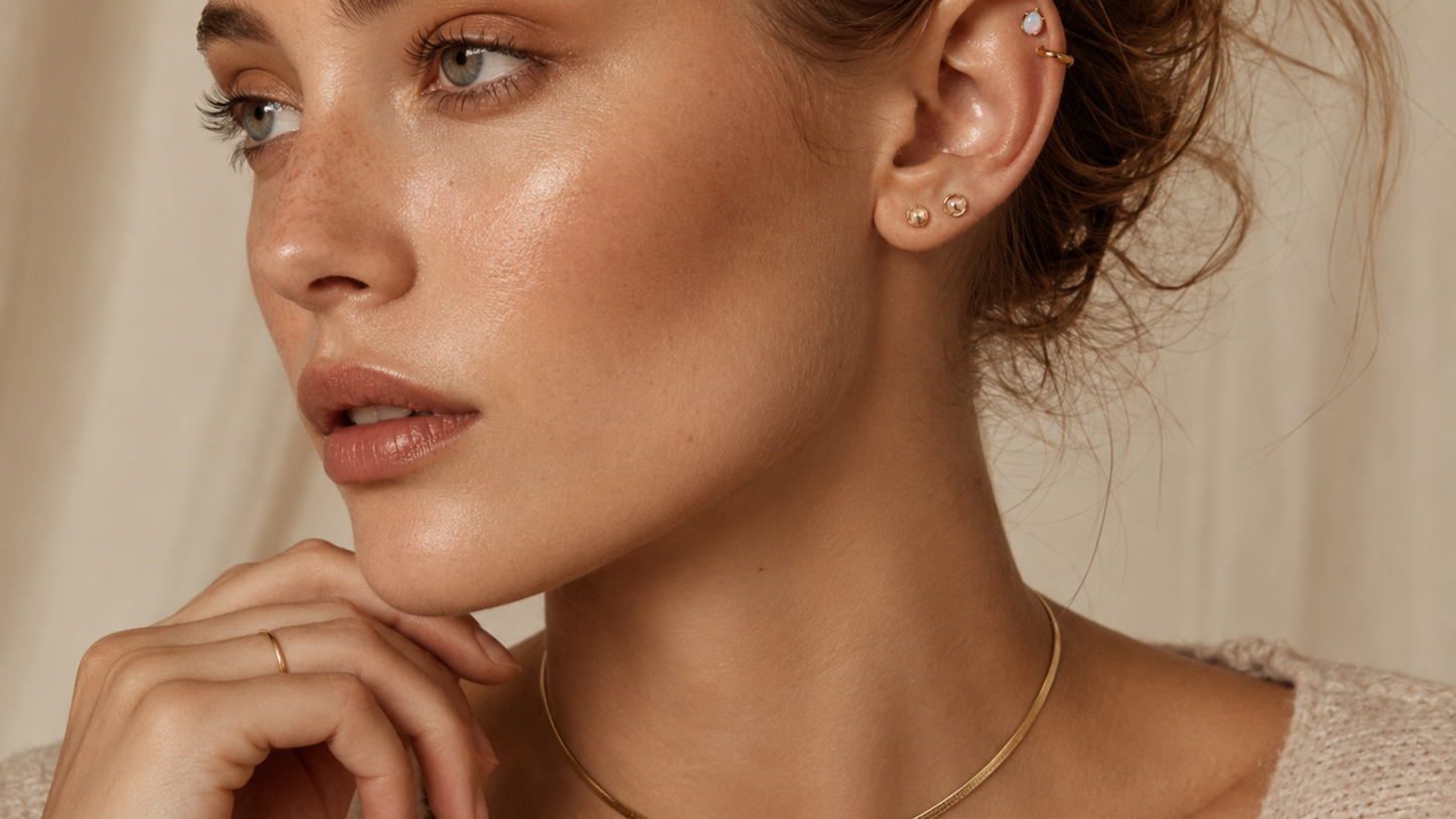 a curated ear with three titanium piercings