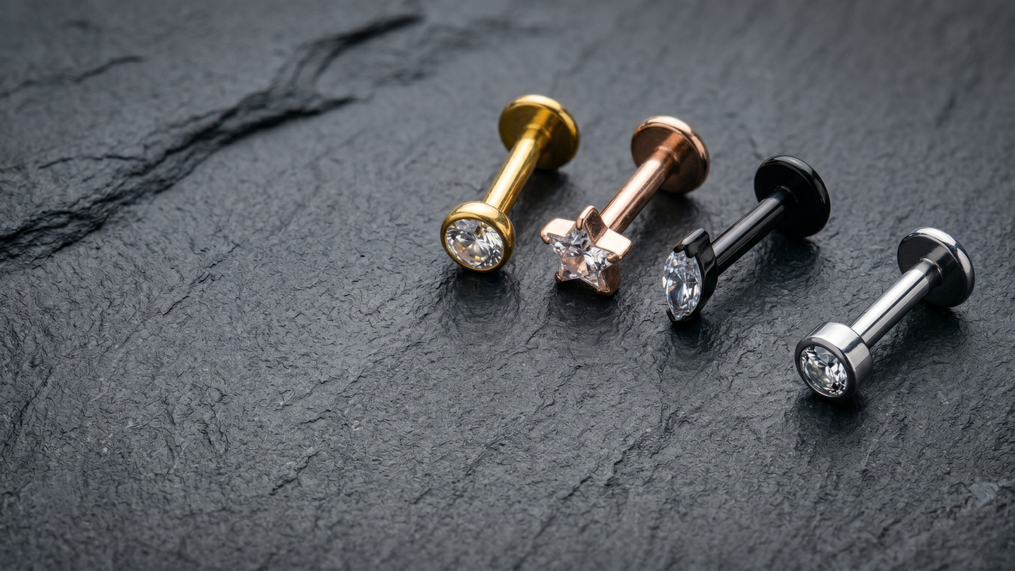 a silver labret disassembled (bar + flat disc + gem top separately), plus four assembled labrets in different finishes
