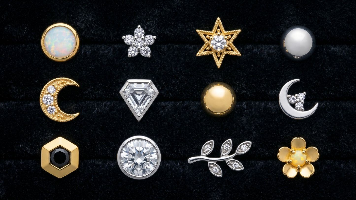 of twelve different decorative piercing tops
