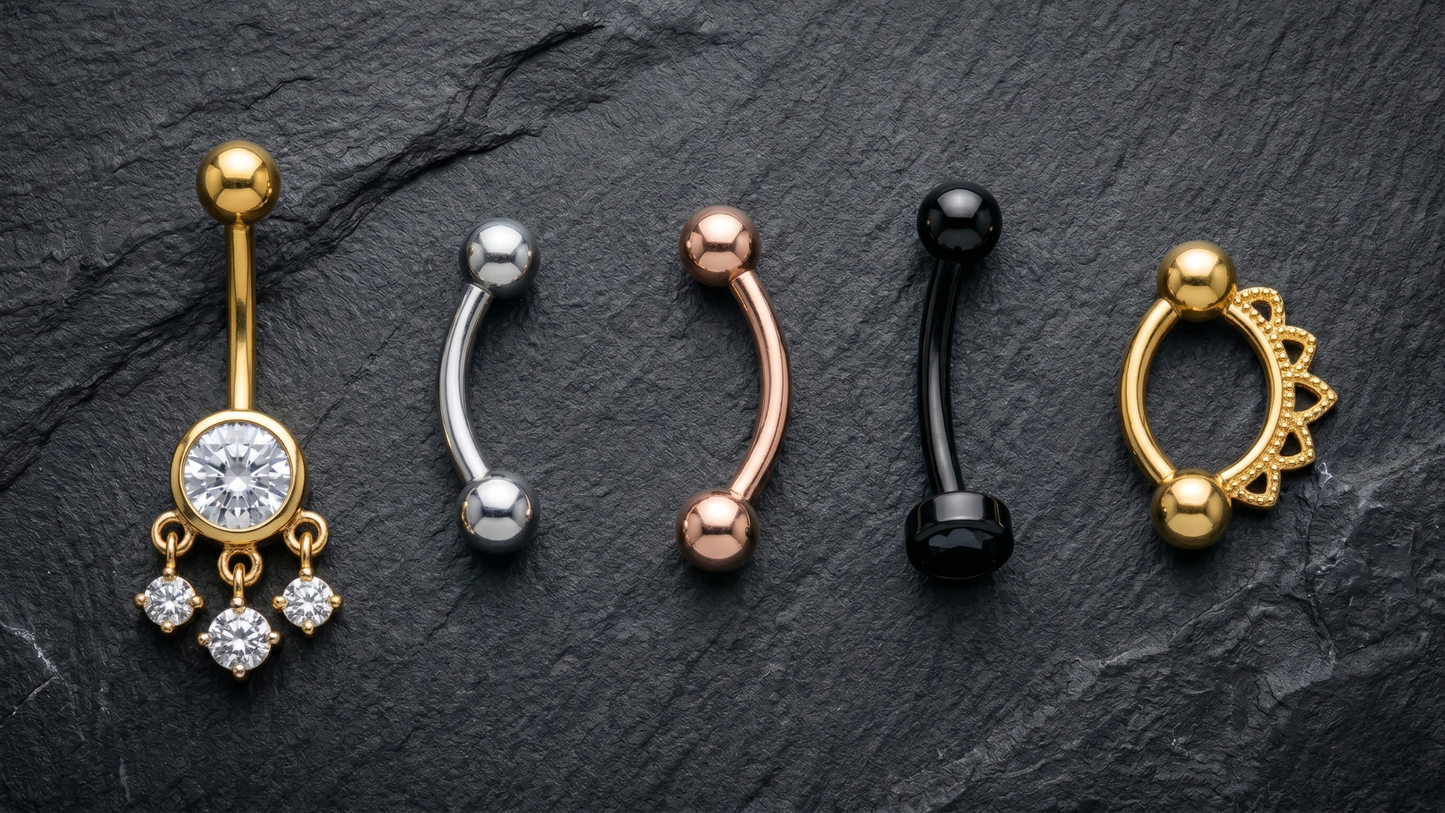 five curved barbells in different sizes and finishes 