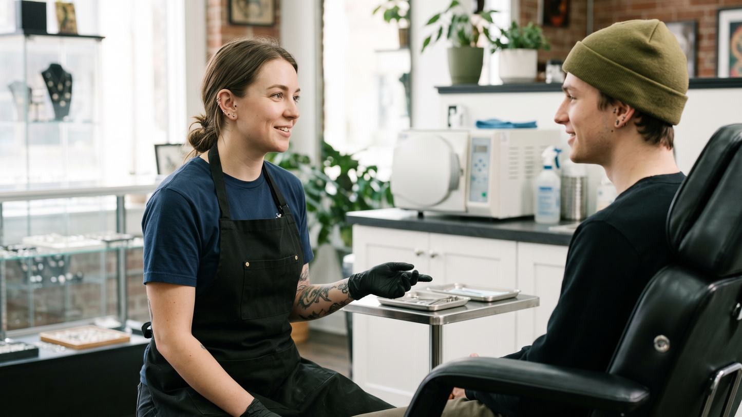 a piercer talking with a client in a studio