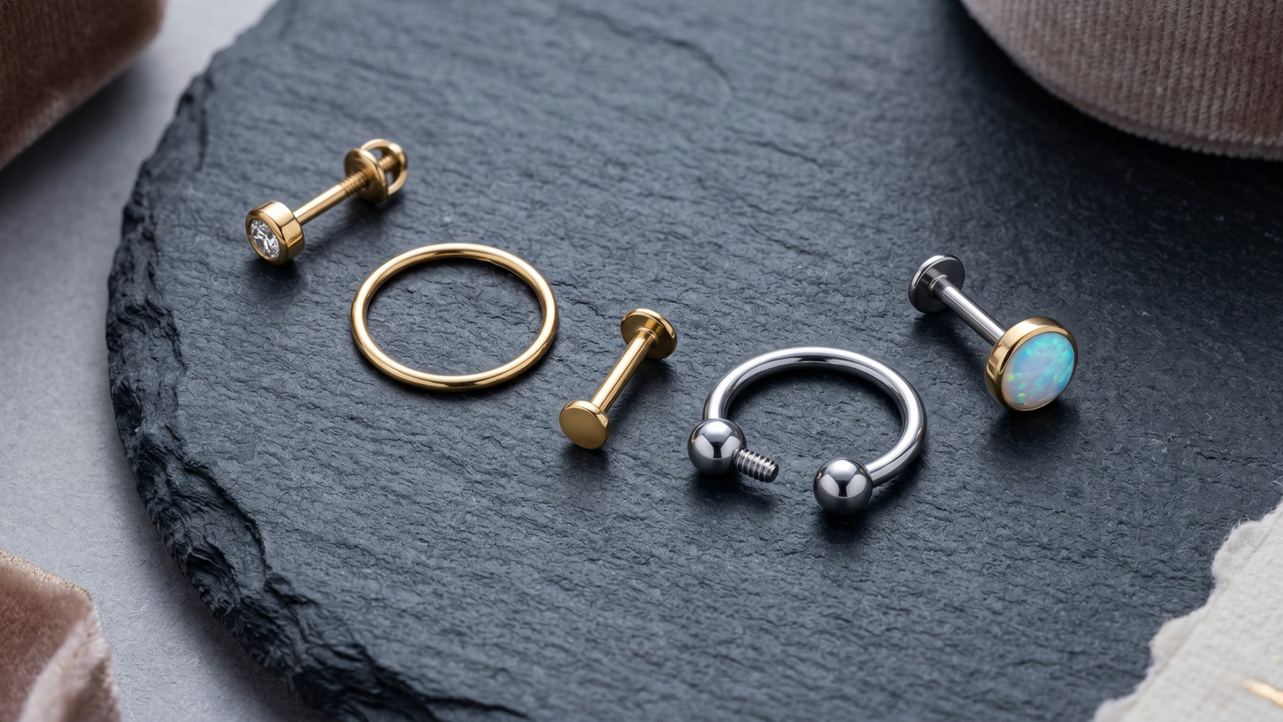 flat-lay of five jewellery pieces representing the best first piercings