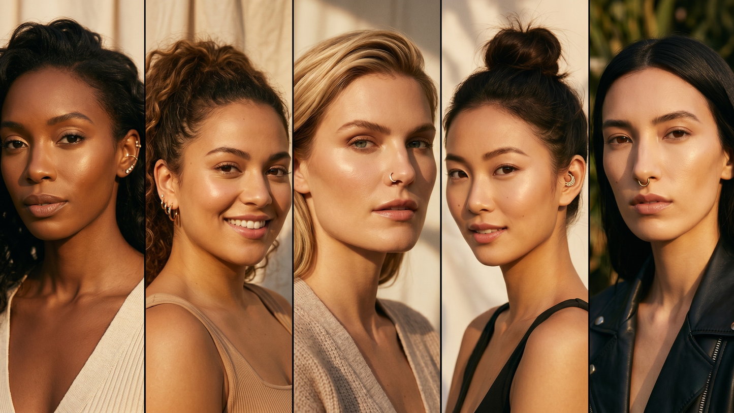 close-ups showing different face shapes each with a complementary piercing: oval with helix, round with vertical ear stack, square with soft nostril stud, heart with daith ring, long with septum hoop