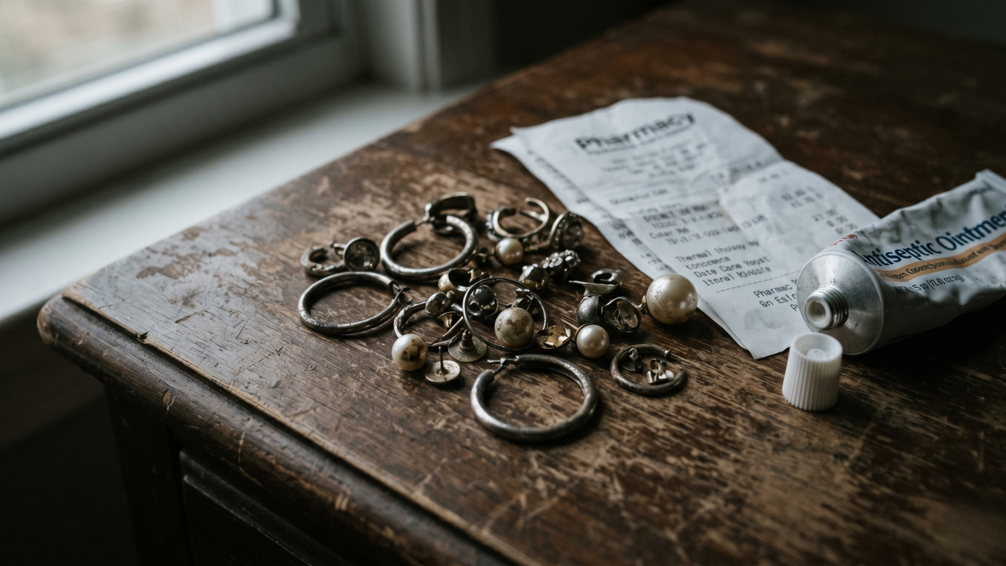 : a small handful of tarnished, pitted cheap costume earrings scattered on a wooden surface, alongside a crumpled pharmacy receipt 