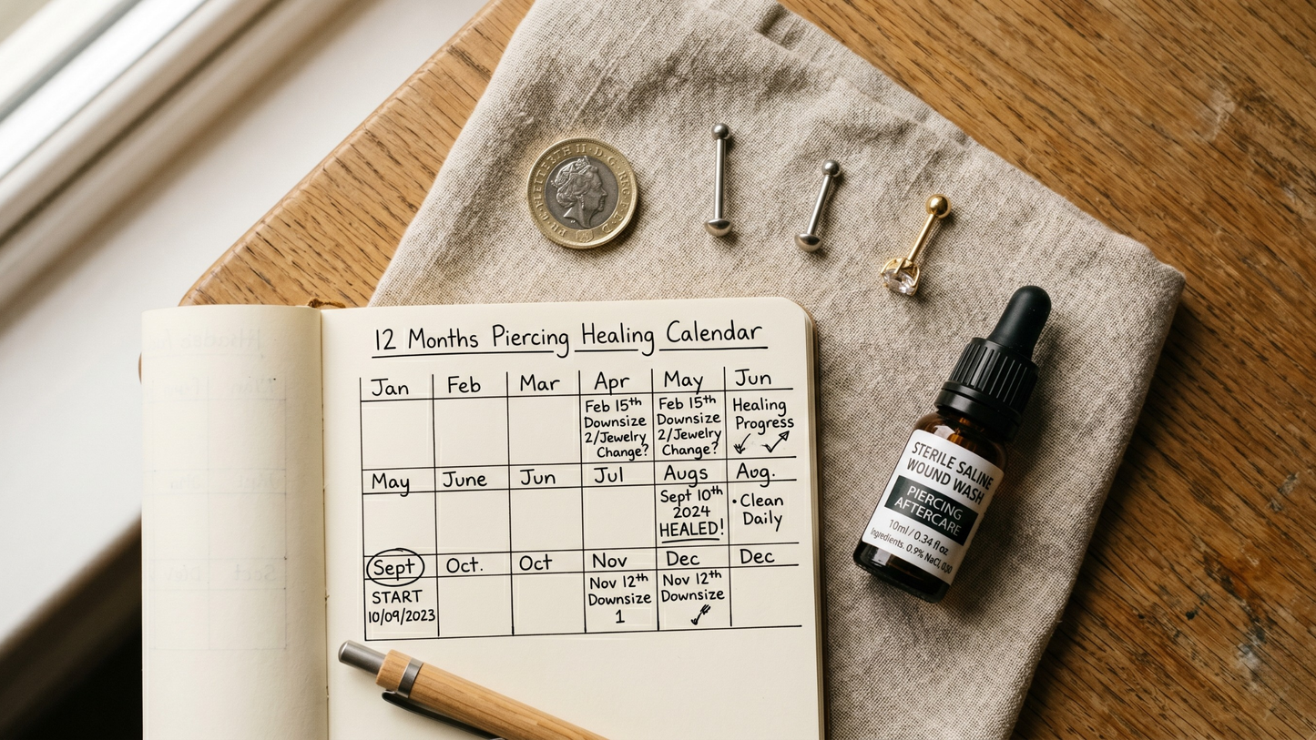a piercing journey timeline: a small open notebook with a hand-drawn 12-month calendar, three different titanium labret pieces of varying complexity 