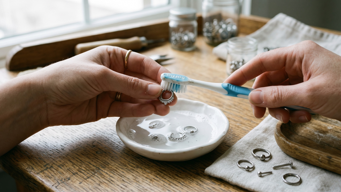 of titanium piercing jewellery pieces being gently brushed with a soft baby toothbrush over a small white ceramic dish of soapy water