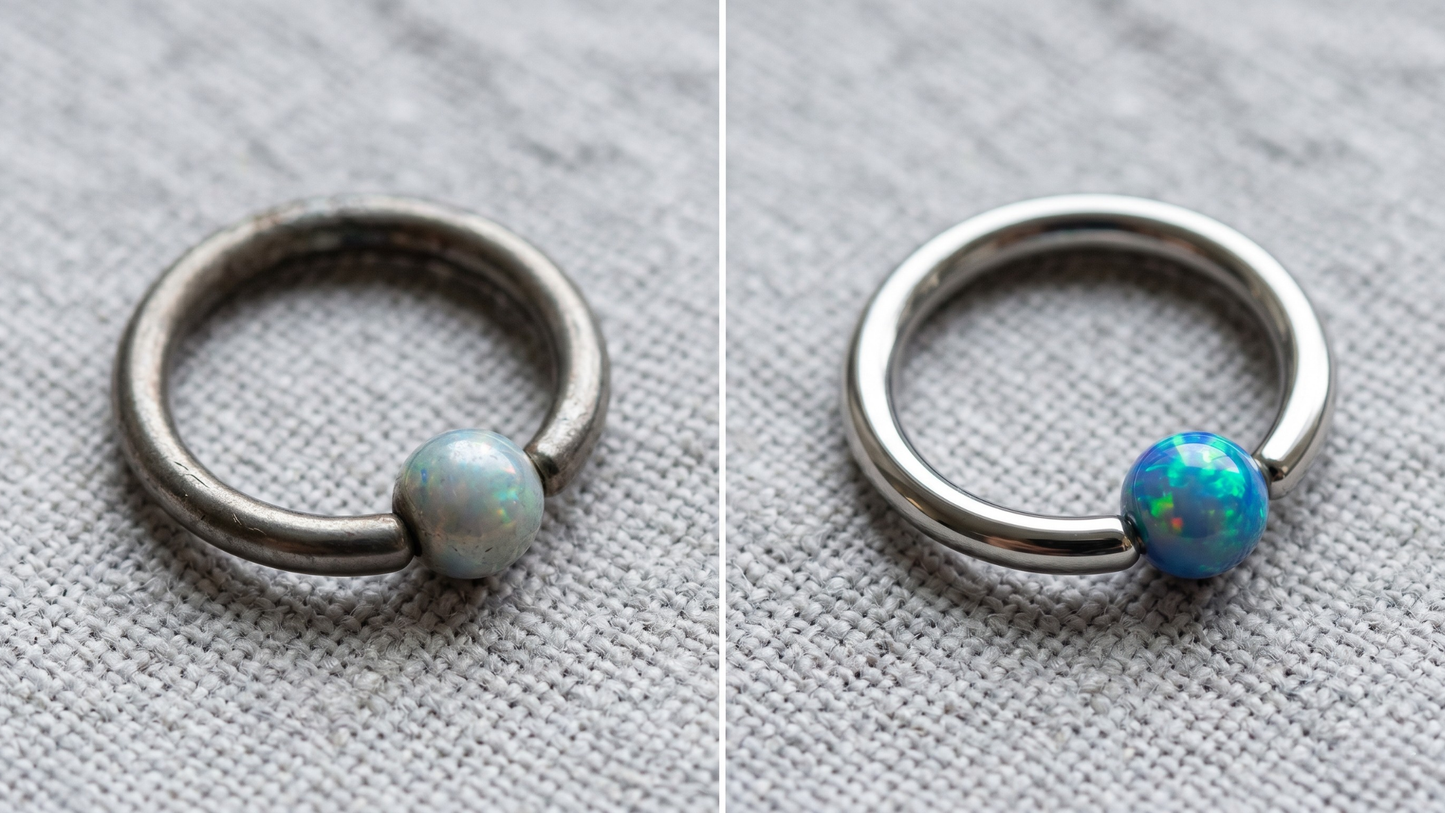  dulled, tarnished titanium  piercing piece with visible surface fatigue; on the right, the same piece after  restoration showing renewed shine and clarity. Subtle visual difference