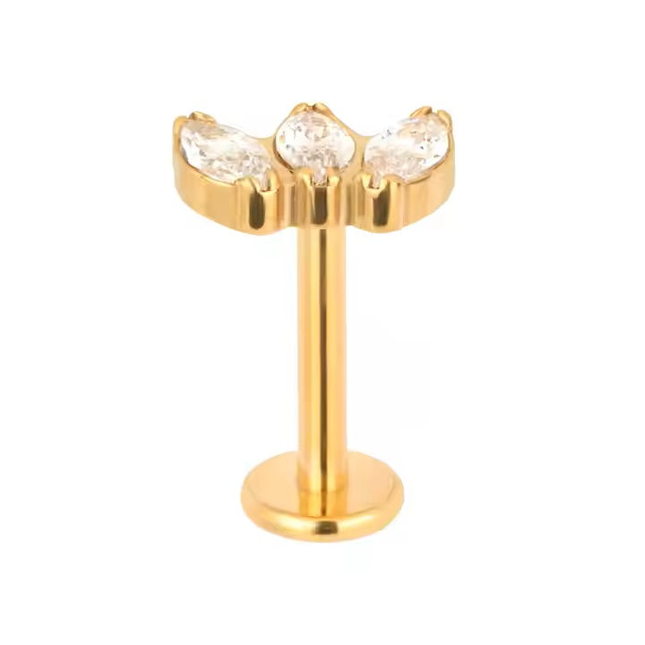 Labret 3 Zircónias Marquise Curva Rosca Interna Titânio ASTM GOLD