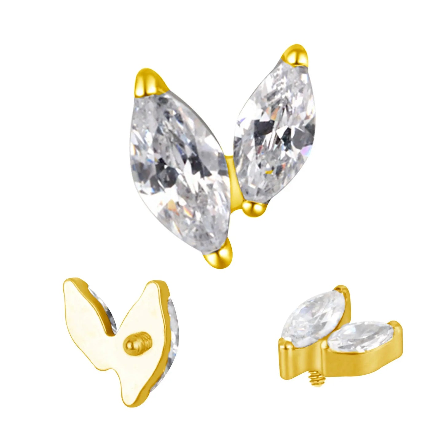 Topo Dupla de Zircónias Marquise - Rosca Interna Titânio PVD Gold Piercepective