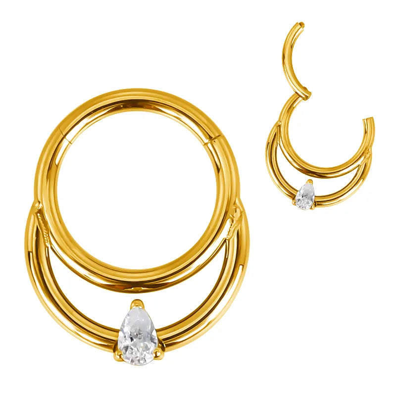 Argola Dupla c/ Zircónia Gota Clicker Titânio ASTM Gold