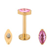 Labret com zircónia rosa marquise em titânio PVD gold com rosca interna. Ideal para medusa, tragus e helix
