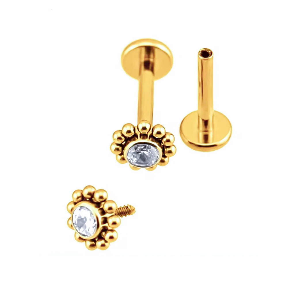 Labret Floral c/ Zircónia Rosca Interna Titânio ASTM PVD Gold