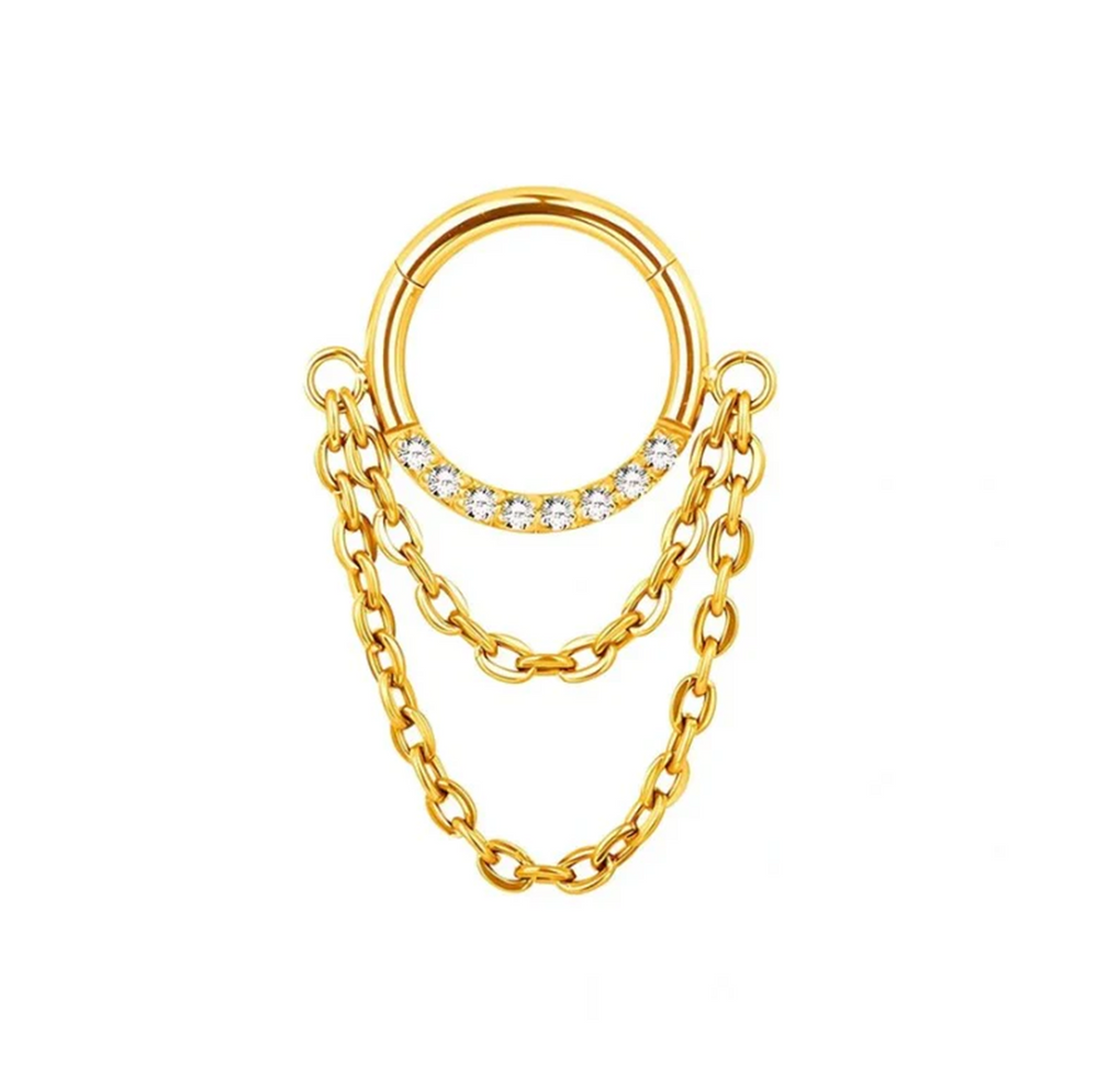 Argola dourada com 2 correntes e zircónias – titânio PVD Gold com fecho clicker
