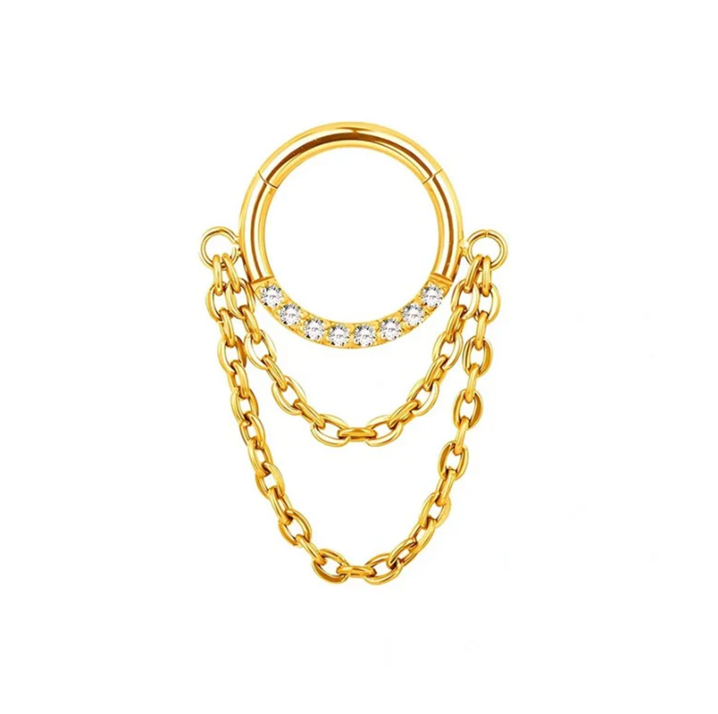 Argola dourada com 2 correntes e zircónias – titânio PVD Gold com fecho clicker