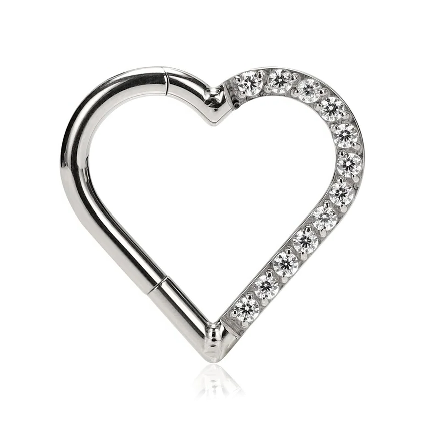 Argola coração com zircónias e fecho clicker em titânio ASTM para septo ou tragus