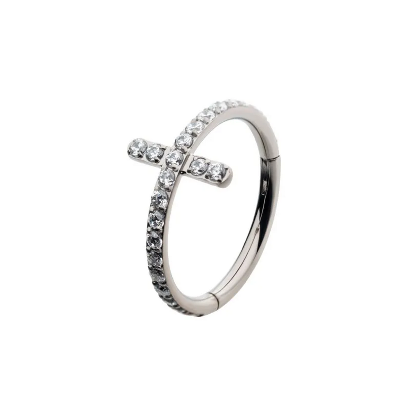 Argola em titânio com zircónias em cruz – modelo clicker para piercing hélix, conch ou lóbulo