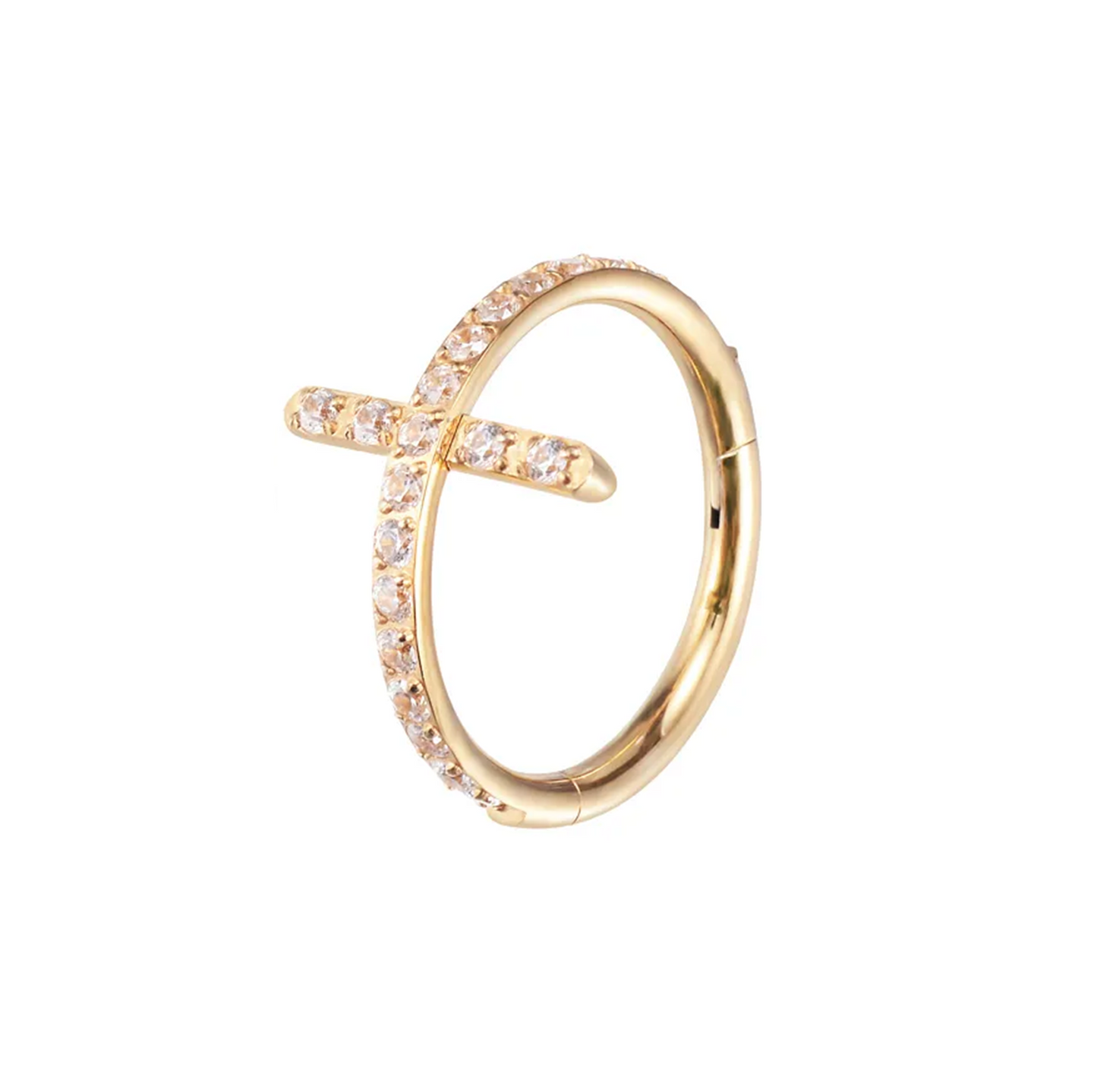 Argola dourada com cruz de zircónias – clicker em titânio PVD Gold para hélix, conch ou lóbulo