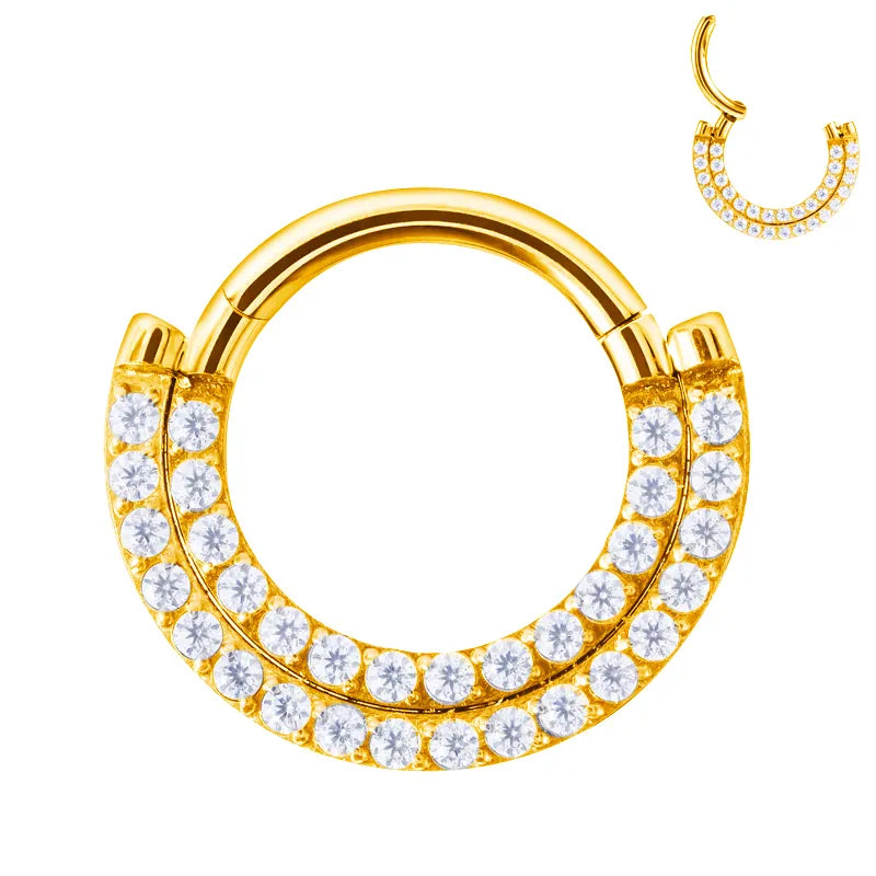 Argola dourada com dupla fila de zircónias – fecho clicker em titânio PVD Gold