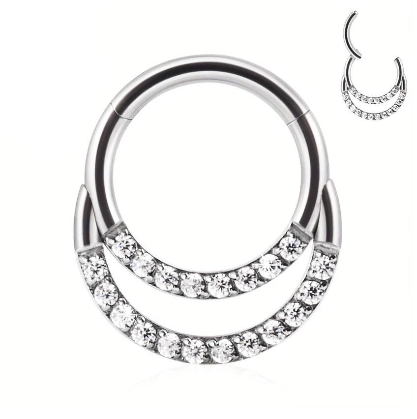 Double ring with zirconias and clicker clasp in hypoallergenic ASTM titanium