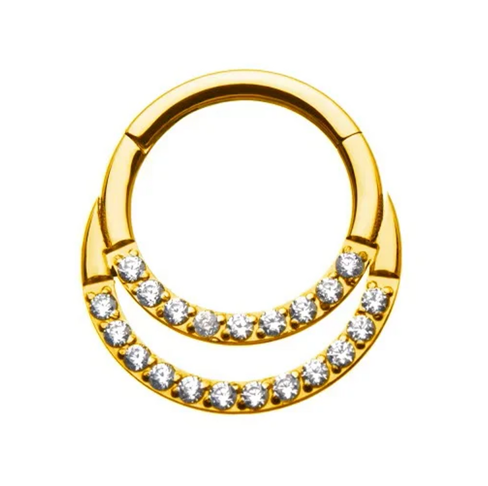 PVD Gold ring with two zirconia hoops and titanium clicker clasp