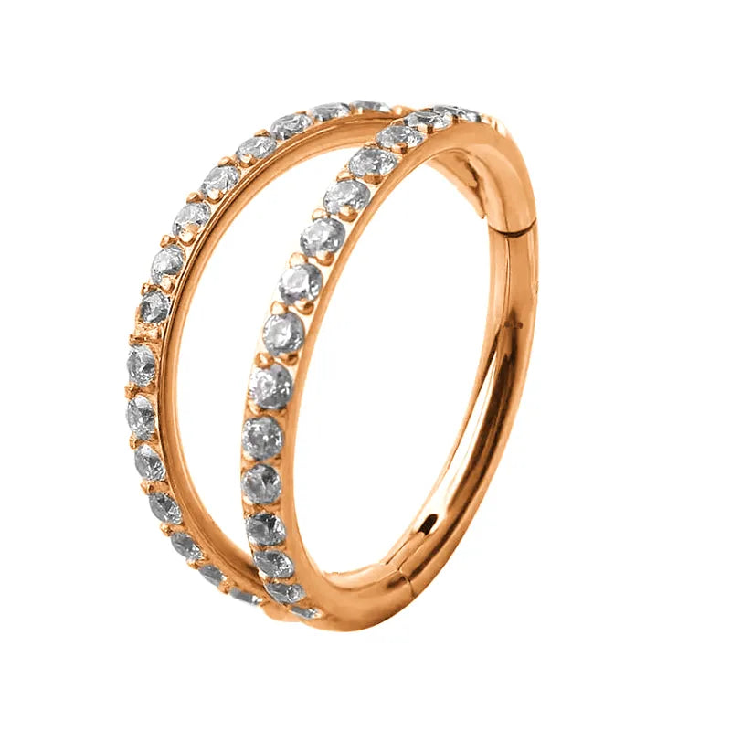 Argola Clicker Dupla em Titânio Rose Gold com Zircónias Laterais – Hipoalergênica