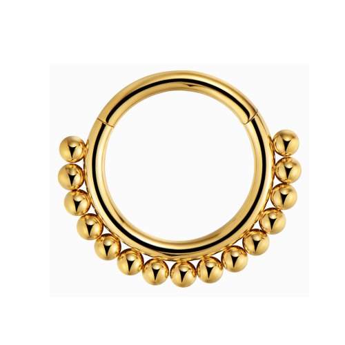Argola dourada com missangas metálicas – clicker em titânio PVD Gold para septo, daith ou hélix