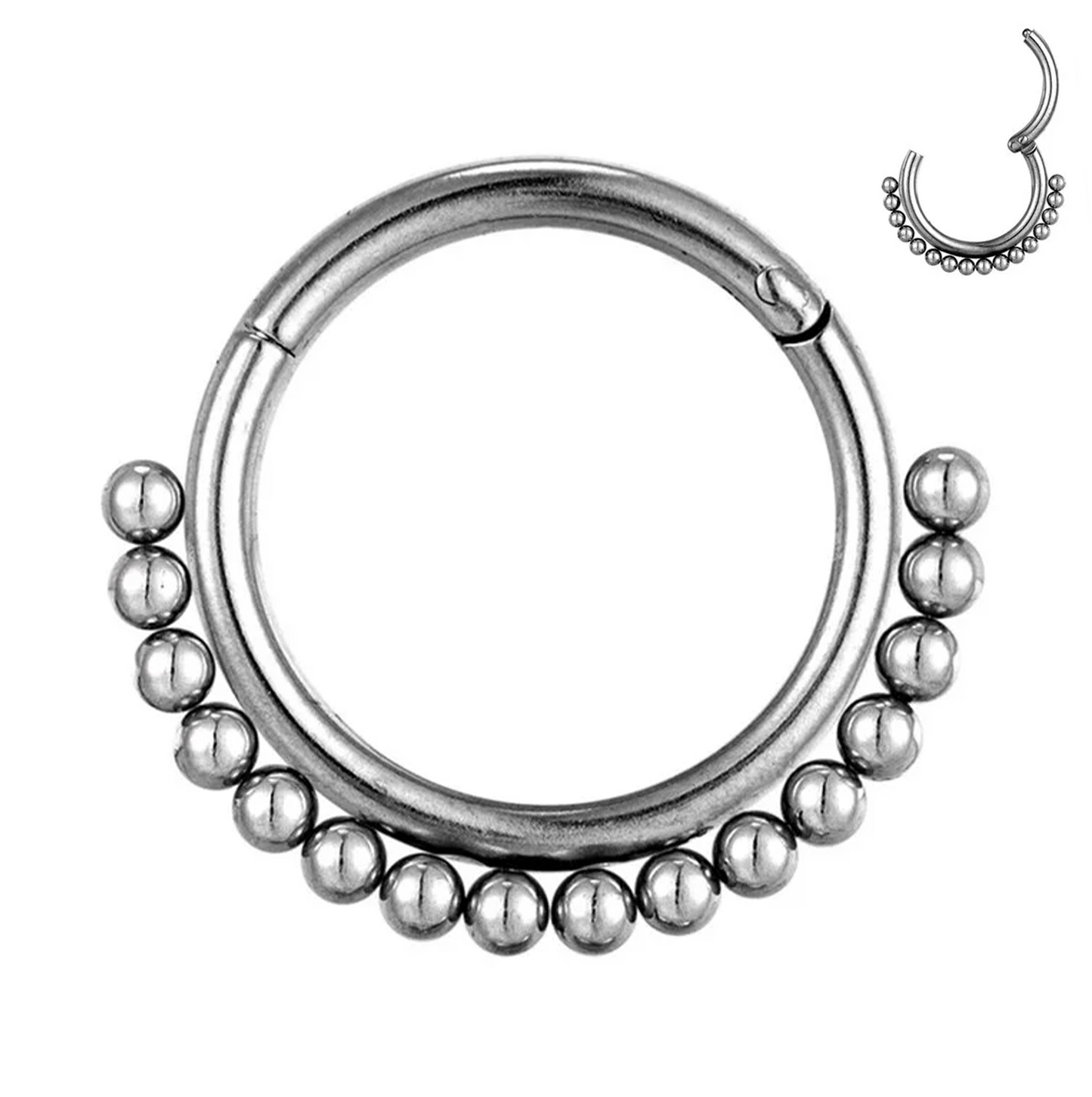 Argola em titânio com missangas metálicas – clicker para septo, daith ou hélix