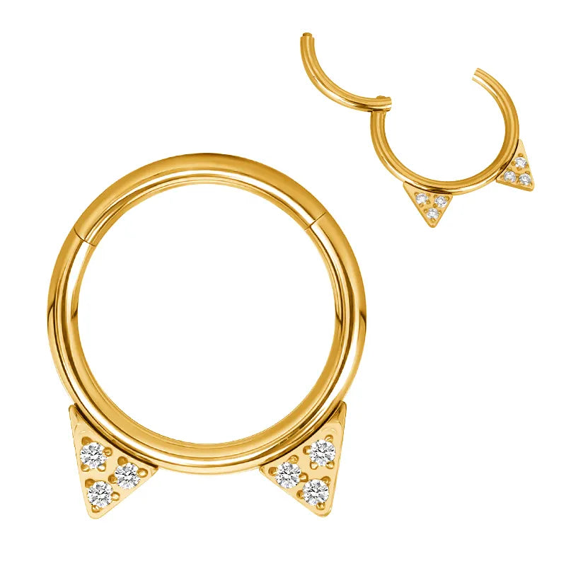Argola dourada com orelhas de gato e zircónias – clicker em titânio PVD Gold