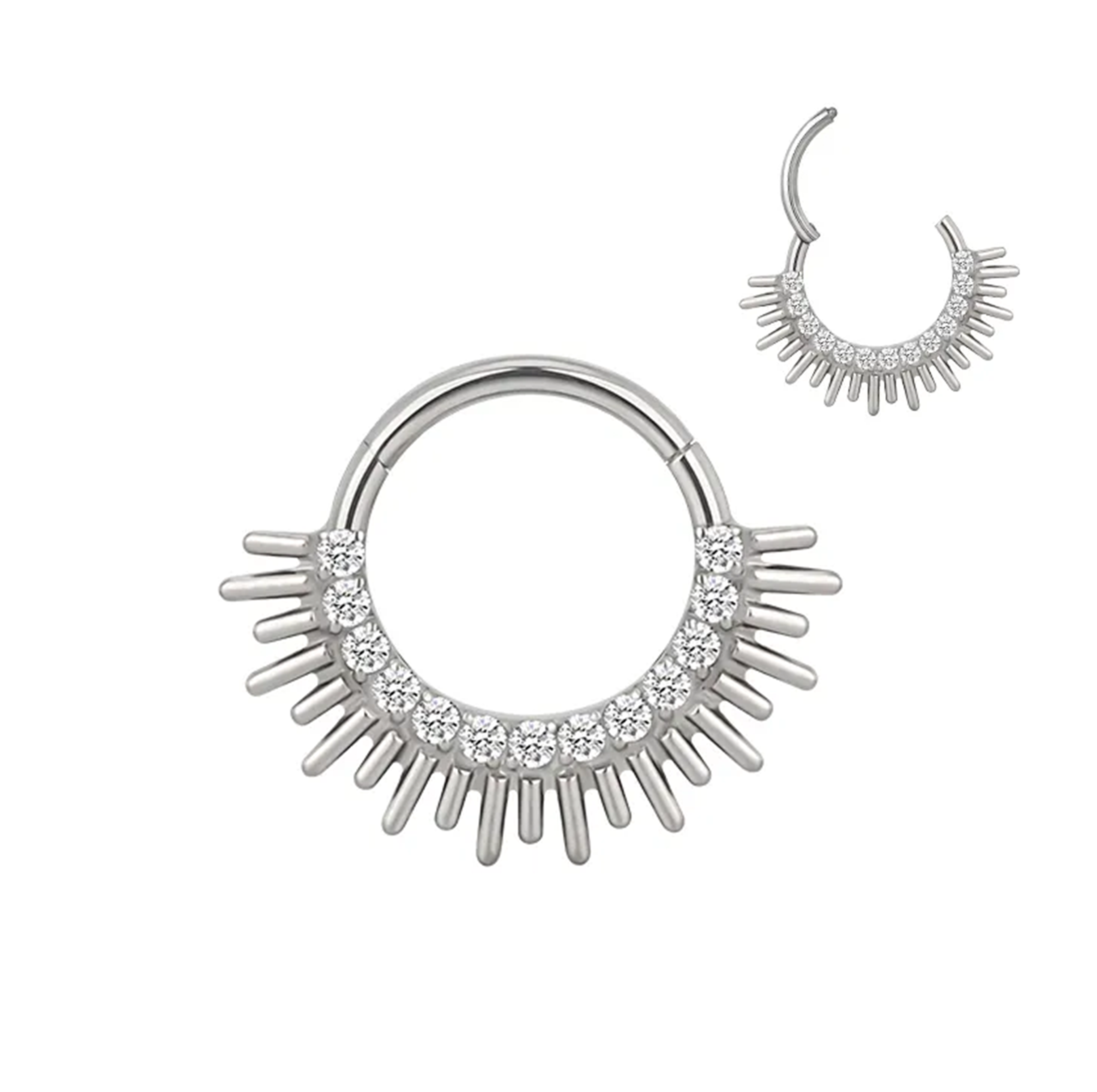 Argola Clicker em Titânio com Raios Solares e Zircónias – Hipoalergênica