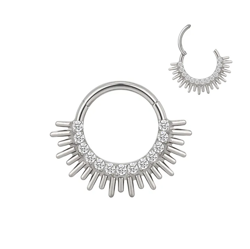 Argola Clicker em Titânio com Raios Solares e Zircónias – Hipoalergênica