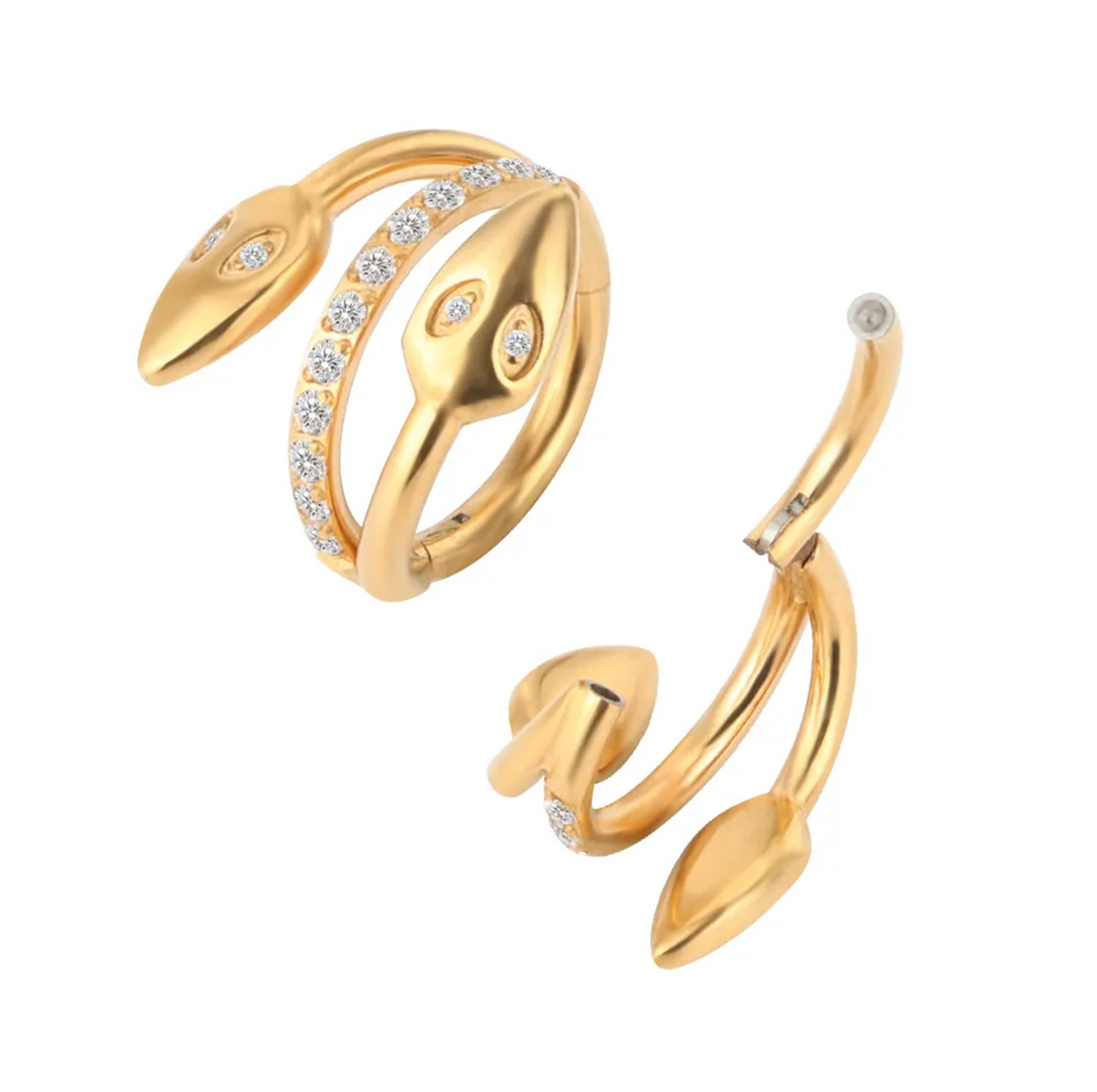 Argola serpente dourada com zircónias e fecho clicker em titânio ASTM – piercing daith, hélix ou septo