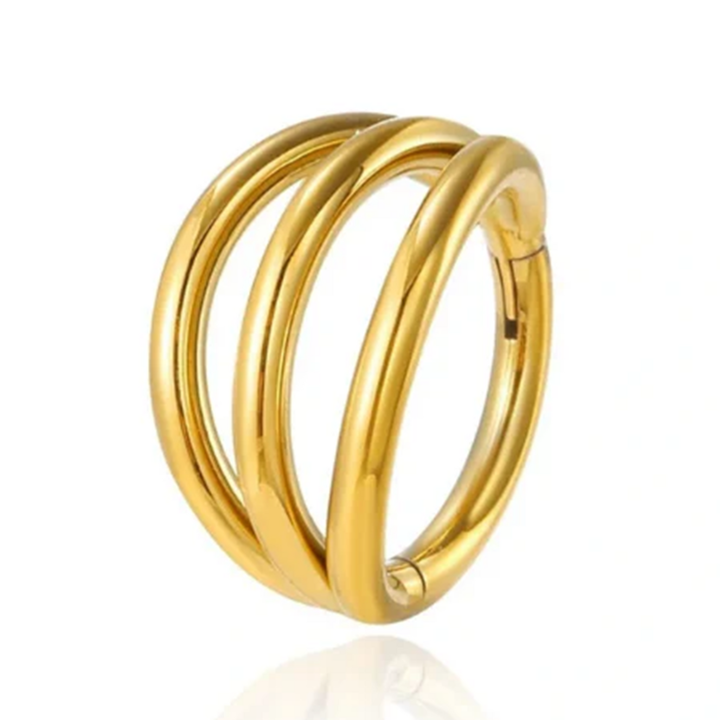 Argola tripla dourada com fecho clicker em titânio PVD Gold – ideal para hélix ou lóbulo