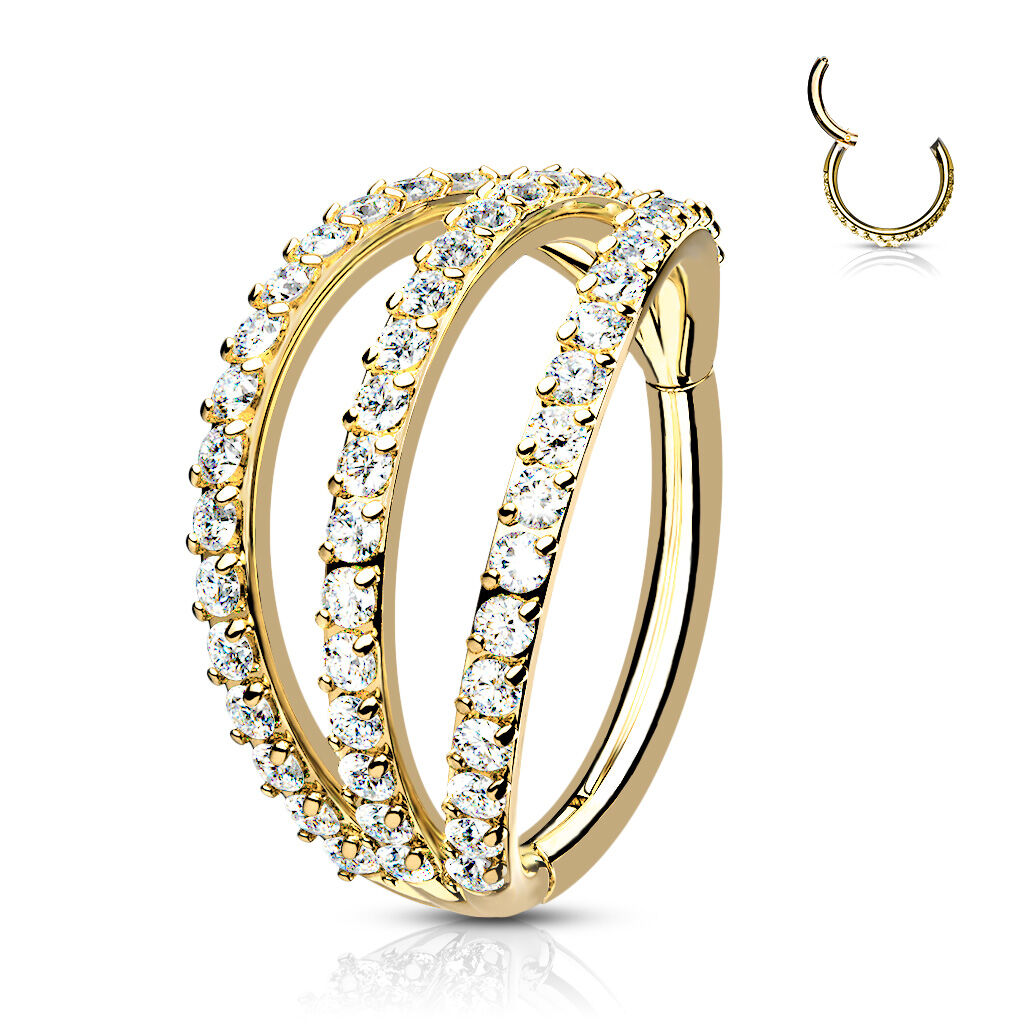 Argola tripla dourada com zircónias e fecho clicker em titânio PVD Gold – ideal para hélix