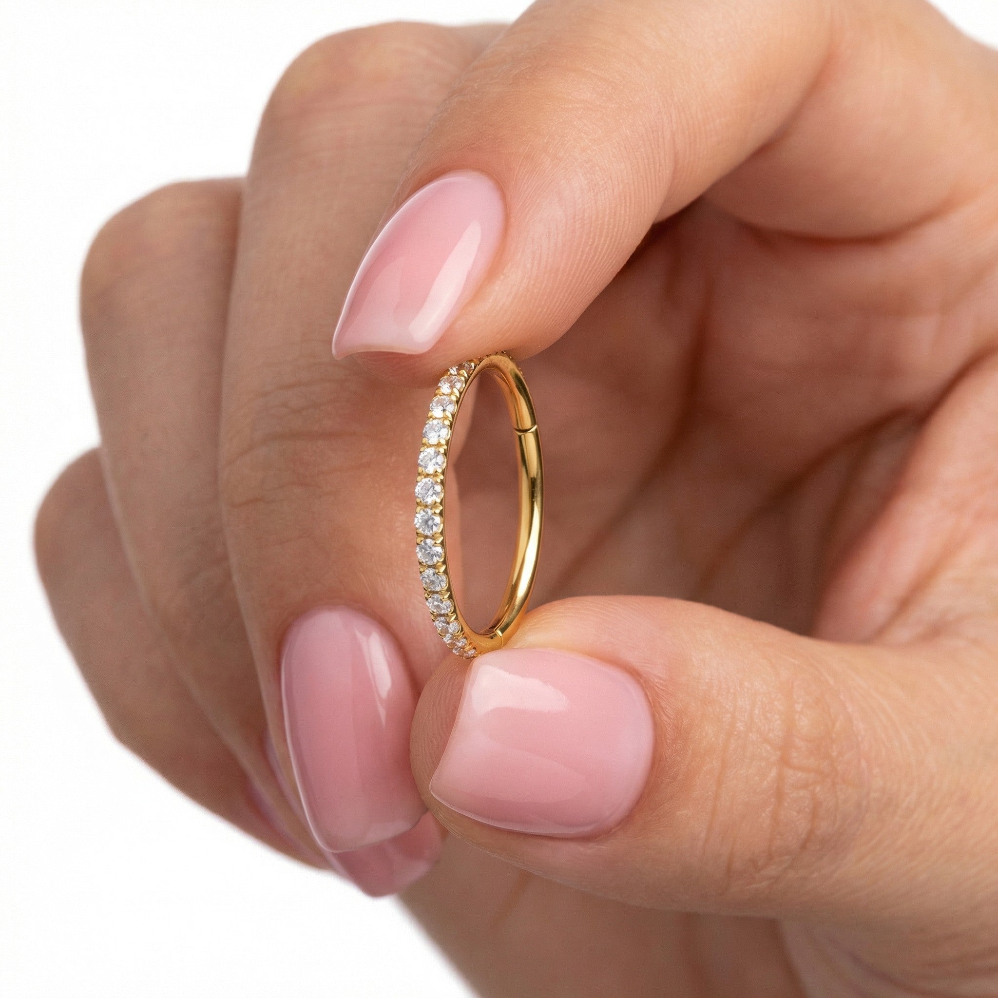 Side Zirconia Hoop Clicker Titanium Gold PVD Jewelry – Piercepective