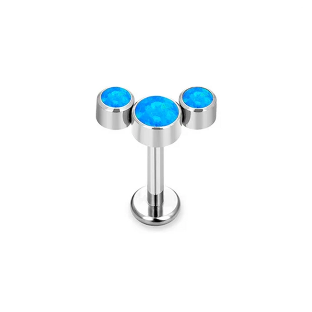 Labret com 3 opalas azuis em curva, rosca interna, em Titânio ASTM para tragus, hélix ou flat