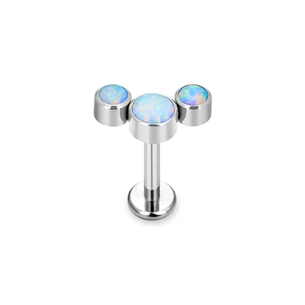 Labret avec 3 opales de neige incurvées, filetage intérieur, en titane ASTM pour tragus, hélix ou plat.