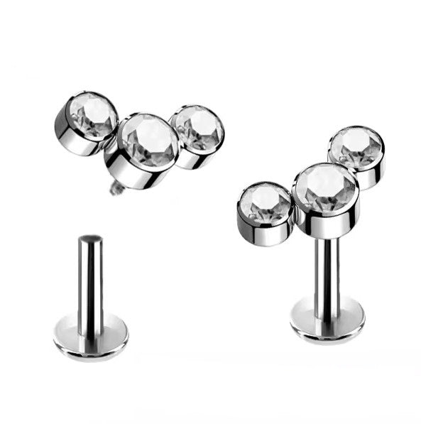 Labret com 3 Zircónias em curva, rosca interna, em Titânio ASTM para tragus ou hélix