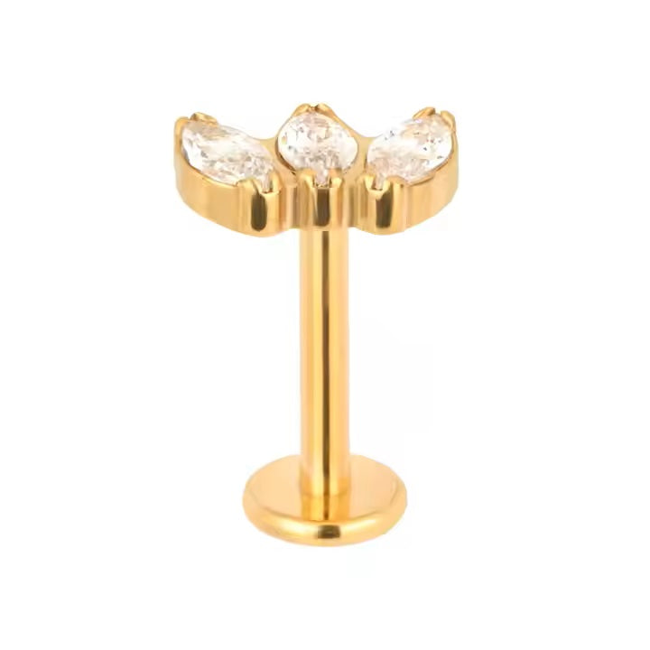 Labret com 3 Zircónias Marquise curva, Titânio ASTM com acabamento dourado PVD Gold